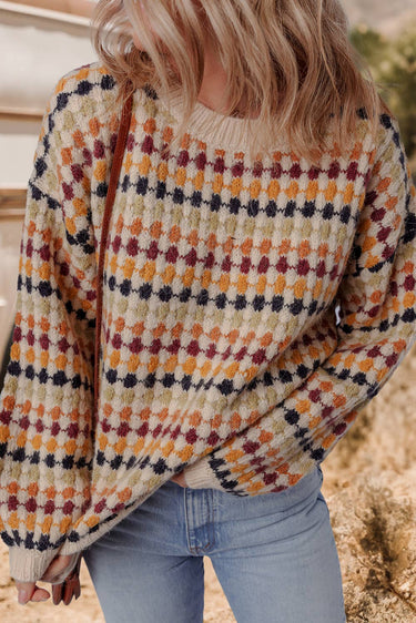 Colorblock Dotty Striped Knit Sweater | Cozy Drop Shoulder Pullover